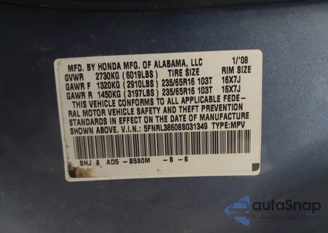 2008 Honda Odyssey Ex-L из США, поврежденный, VIN 5FNRL38608B031349